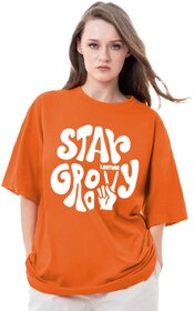Leotude Orange Printed Cotton Blend Round Neck Half Sleeve T-Shirts For Womens